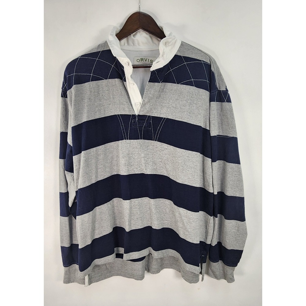 Orvis Rugby Polo Shirt Men's XL Classic Long Sleeve Cotton Navy Grey